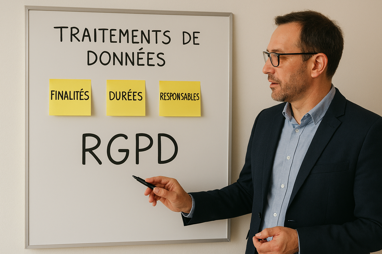 Conformité RGPD pour TPE Responsable d’une petite entreprise travaillant sur un tableau de registre des traitements RGPD