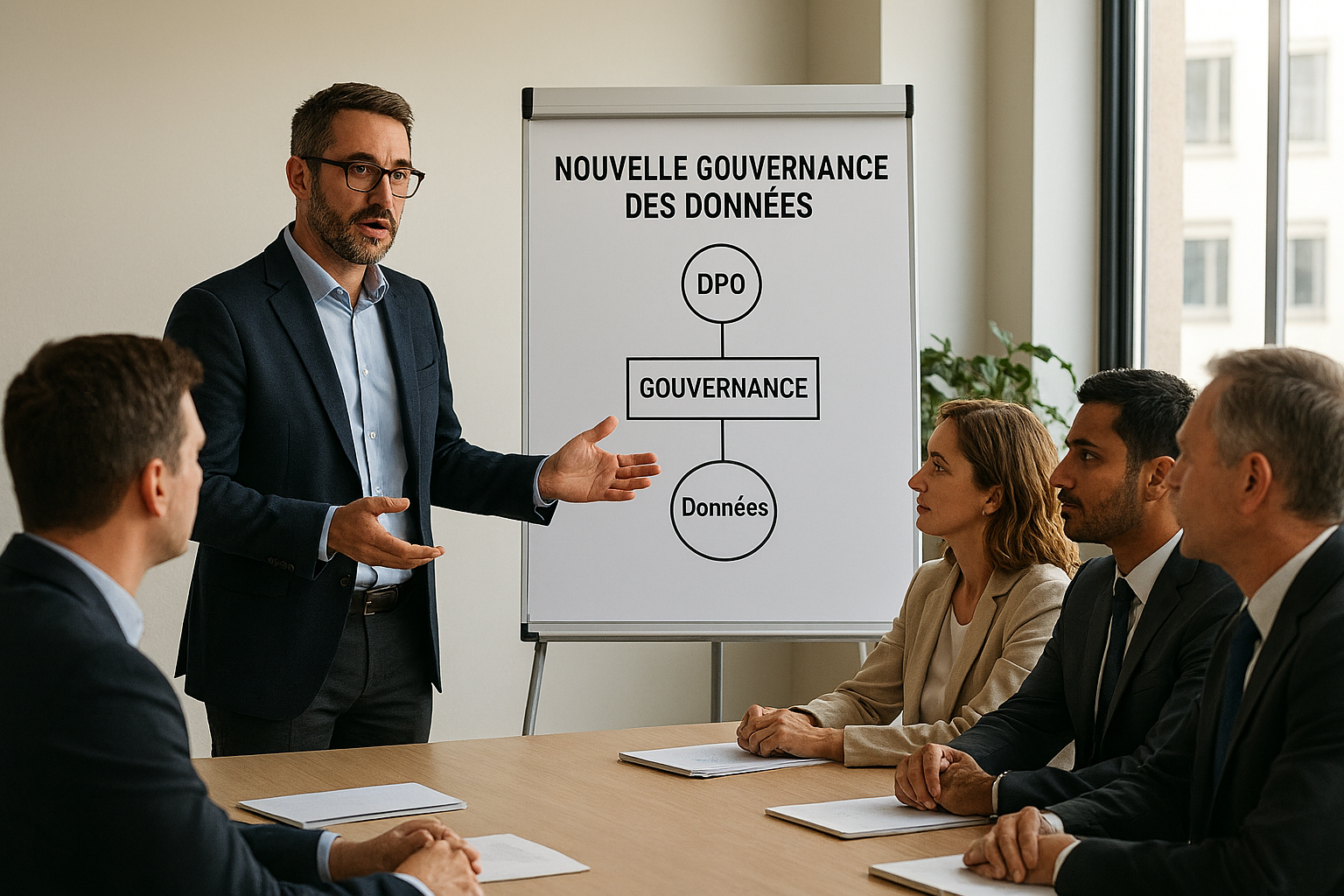 Consultant RGPD en CODIR Consultant RGPD présentant la nouvelle gouvernance des données à l'équipe de direction : Conseil en gouvernance des données pour TPE/PME : organisation, processus clés et bénéfices.