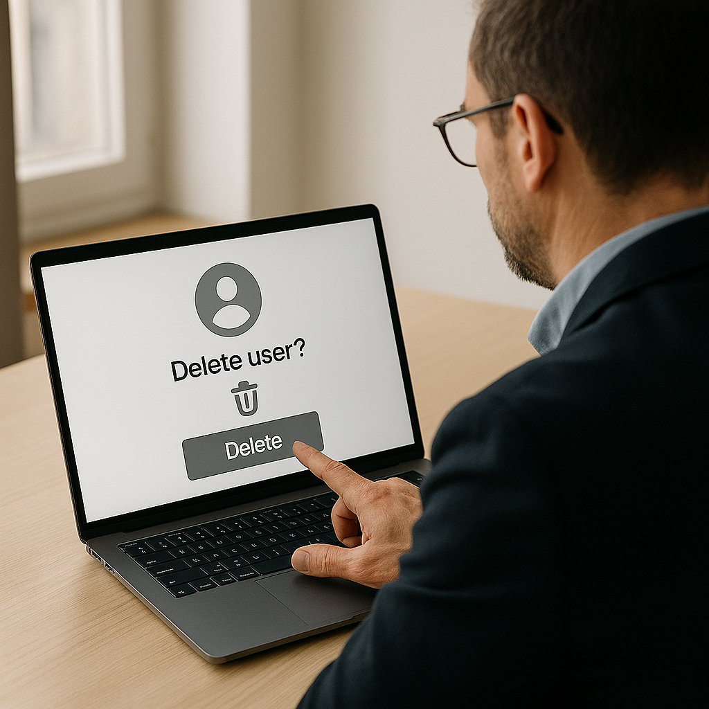 Droit à l’effacement : guide pratique TPE/PME avec DMOuvrard Photo d’un entrepreneur supprimant des données client sur un ordinateur, droit à l’effacement, RGPD.