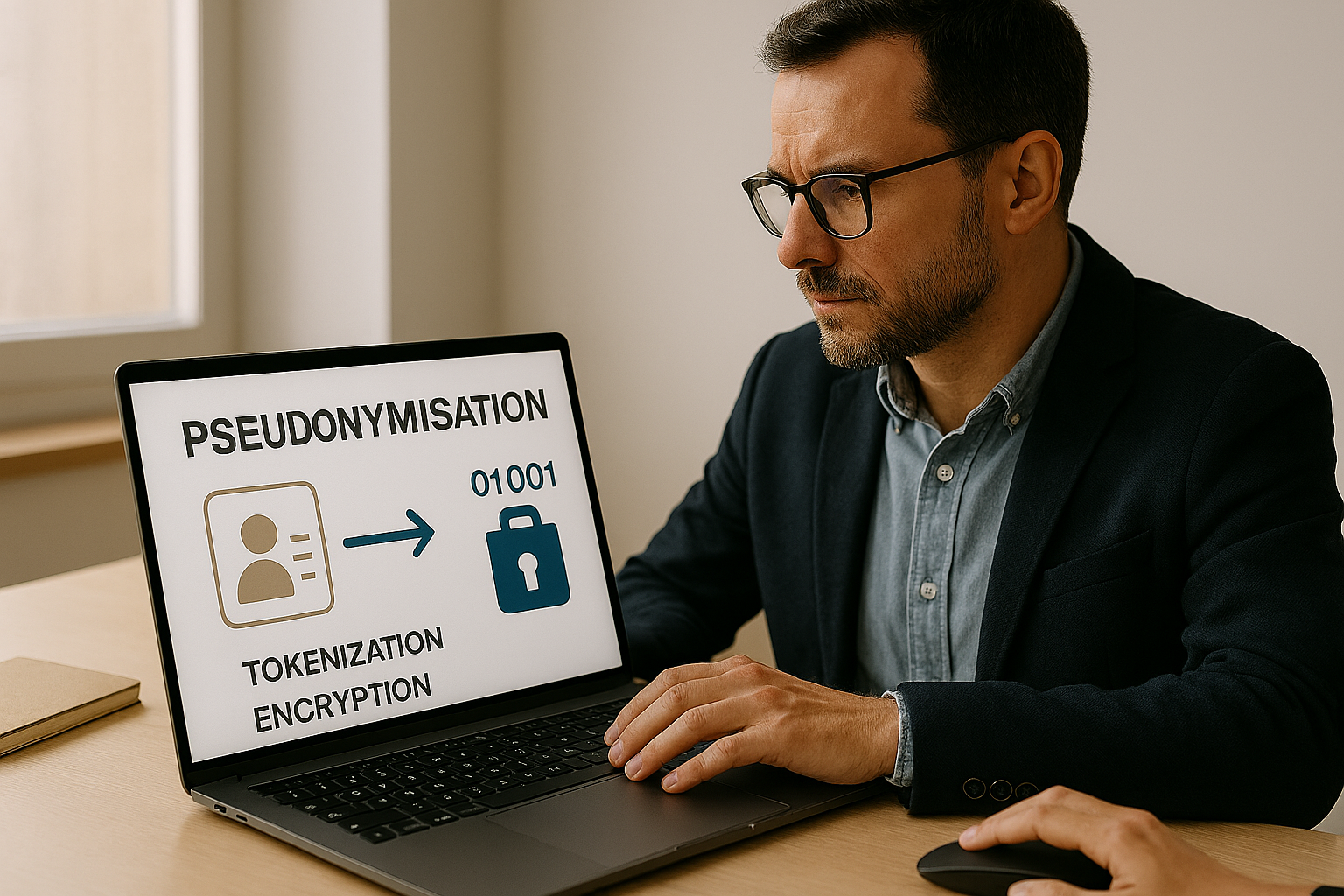 Pseudonymisation des données - DMOuvrard Professionnel travaillant sur la pseudonymisation des données sur un ordinateur RGPD cybersécurité pseudonymisation