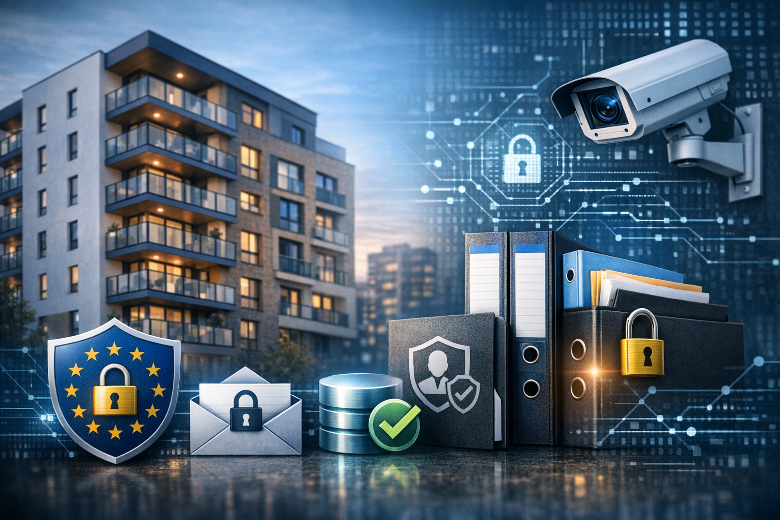 Illustration montrant immeuble, dossiers sécurisés, caméra de vidéosurveillance et icônes RGPD pour la protection des données par syndicat des copropriétaires.