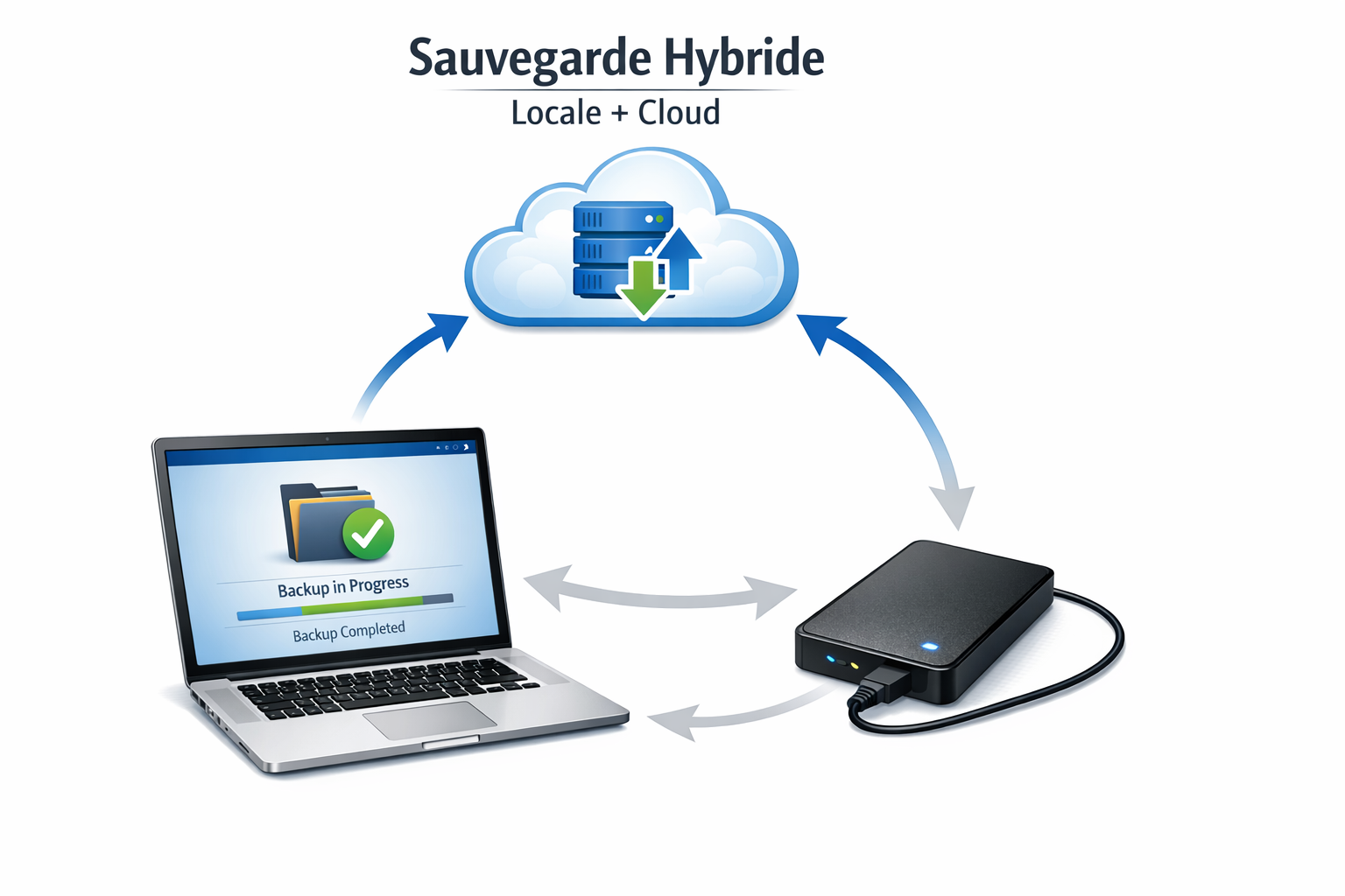 sauvegarde des données : RGPD et cybersécurité Stratégie hybride : sauvegardes locales et cloud pour une protection renforcée. sauvegarde des données RGPD cybersécurité