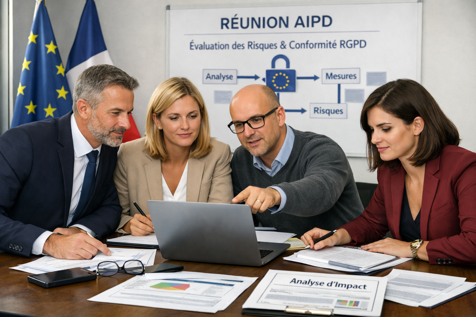 Élus et agents d’une collectivité en réunion autour d’un ordinateur, évaluant les risques d’un traitement pour réaliser une AIPD.