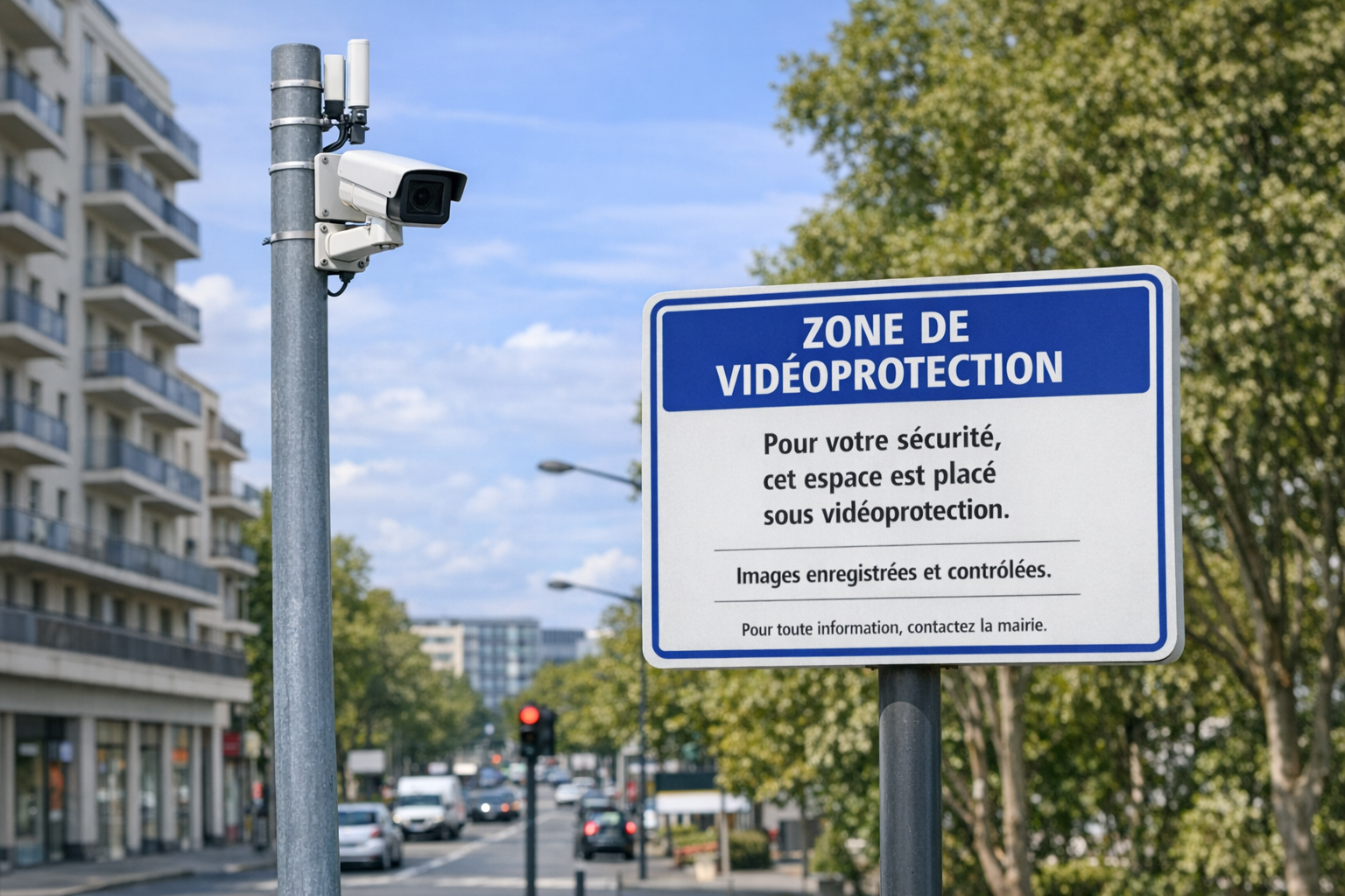 Caméra de vidéoprotection installée dans l'espace public, panneau d'information visible, protection des données et conformité RGPD.