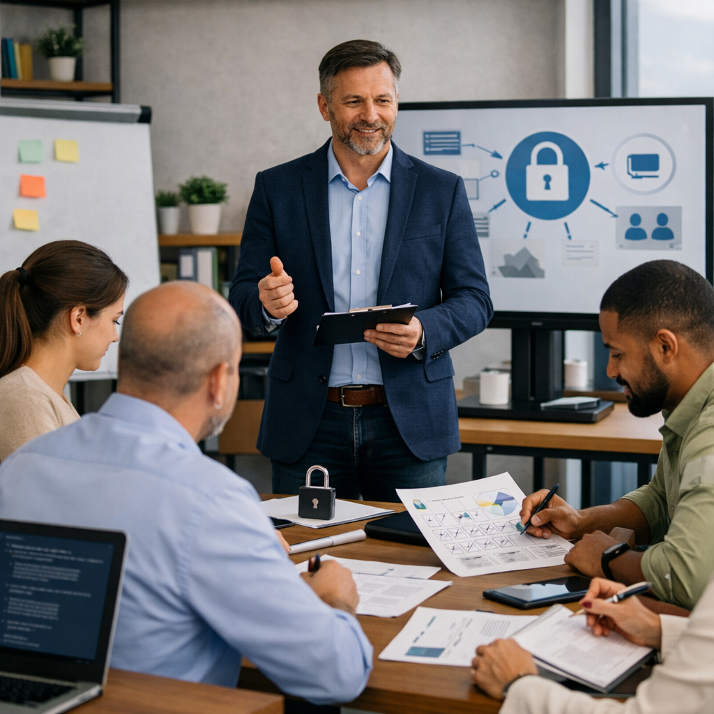 Consultant RGPD formant une équipe Consultant RGPD anime un atelier ciblé par profil pour une équipe de PME à Poissy, Identification des besoins et formation sur la conformité, cybersécurité et IA.