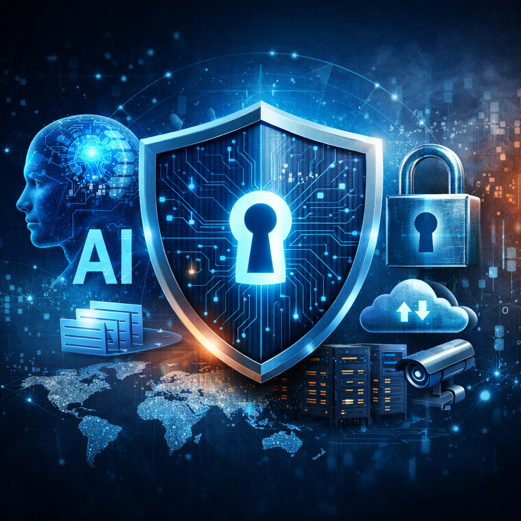 Convergence RGPD, cybersécurité et IA Bouclier numérique devant icônes d’IA et cadenas, symbolisant RGPD, cybersécurité et IA. Illustration symbolique montrant la protection des données face aux défis de la cybersécurité et de l’intelligence artificielle, à relier à l'anniversaire des dix ans de l’adoption du RGPD.