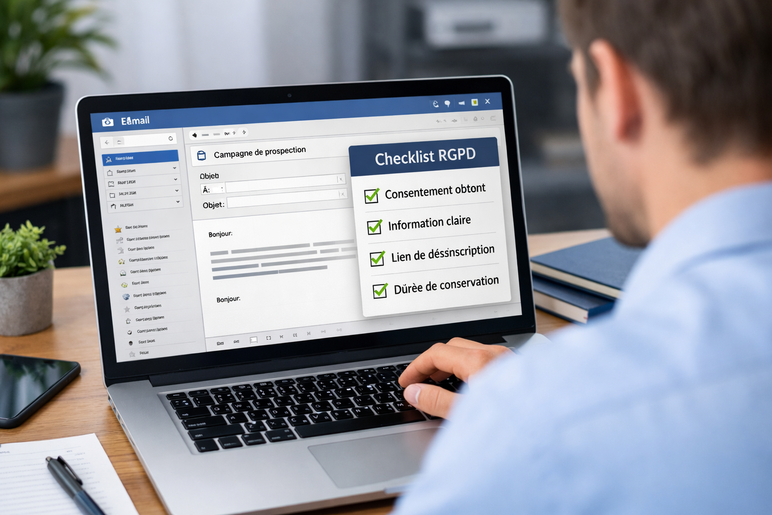 Personne devant un ordinateur avec une interface d’email et une checklist RGPD.