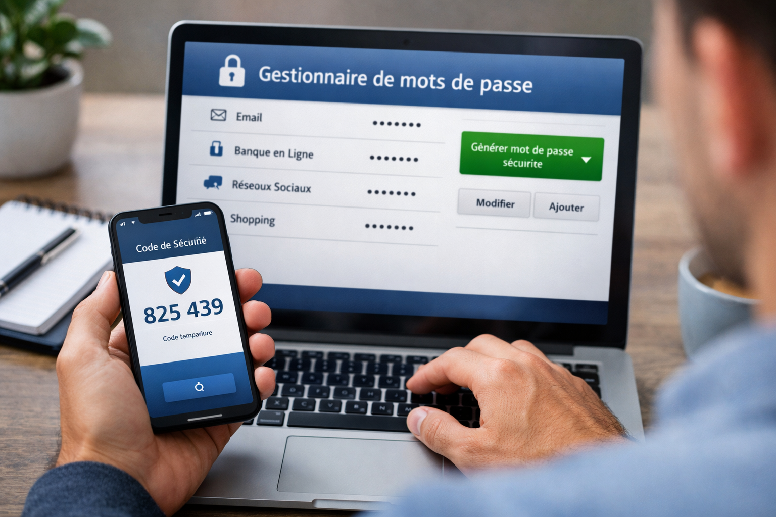 se protéger sur Internet_Utilisateur protégeant ses comptes en ligne Se protéger sur Internet : guide pratique France Personne configurant un gestionnaire de mots de passe et une application d’authentification sur smartphone