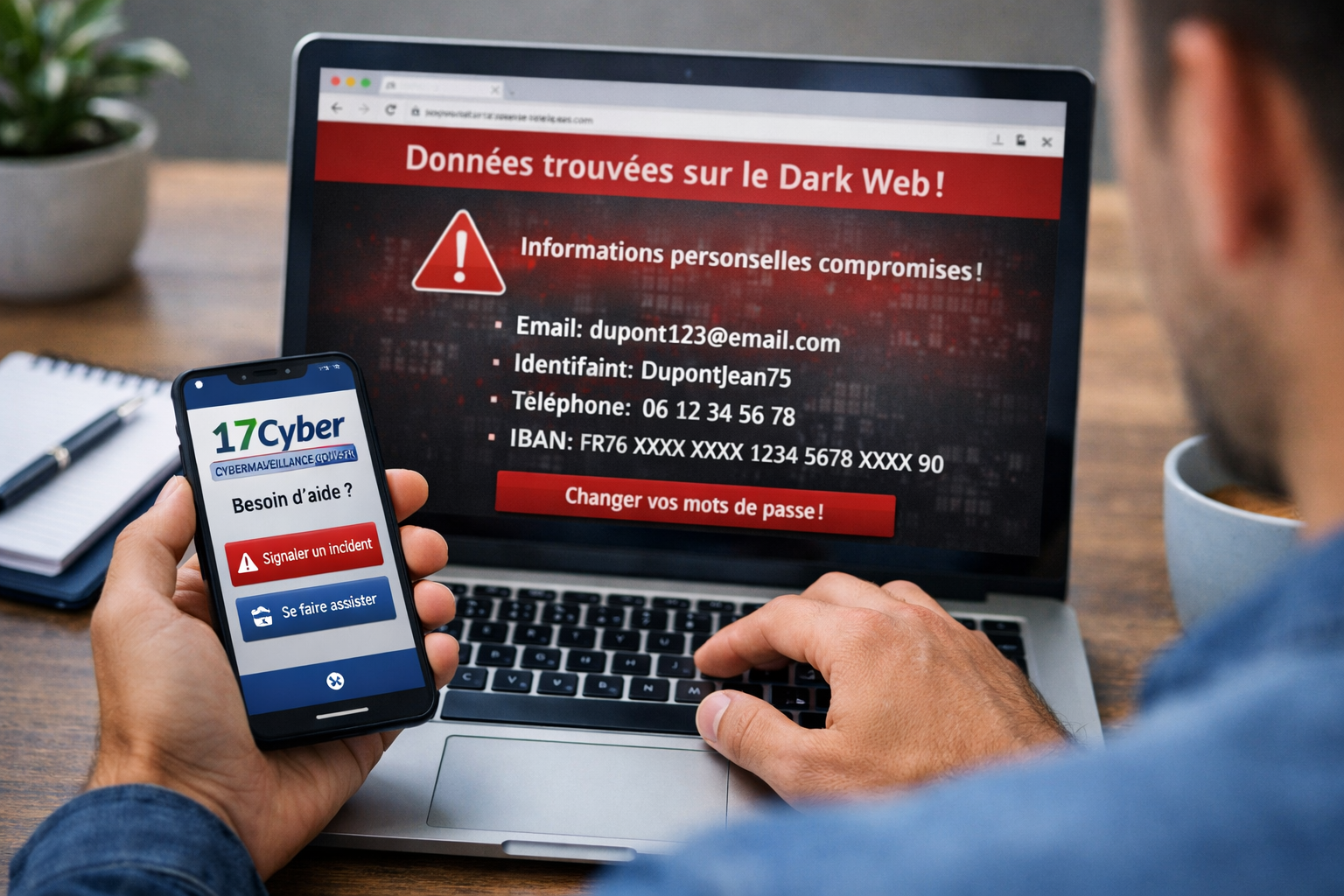 Se protéger sur Internet : que faire si vos données se retrouvent sur le dark web ? Personne regardant un écran d’ordinateur affichant une alerte de fuite de données et tenant un smartphone.