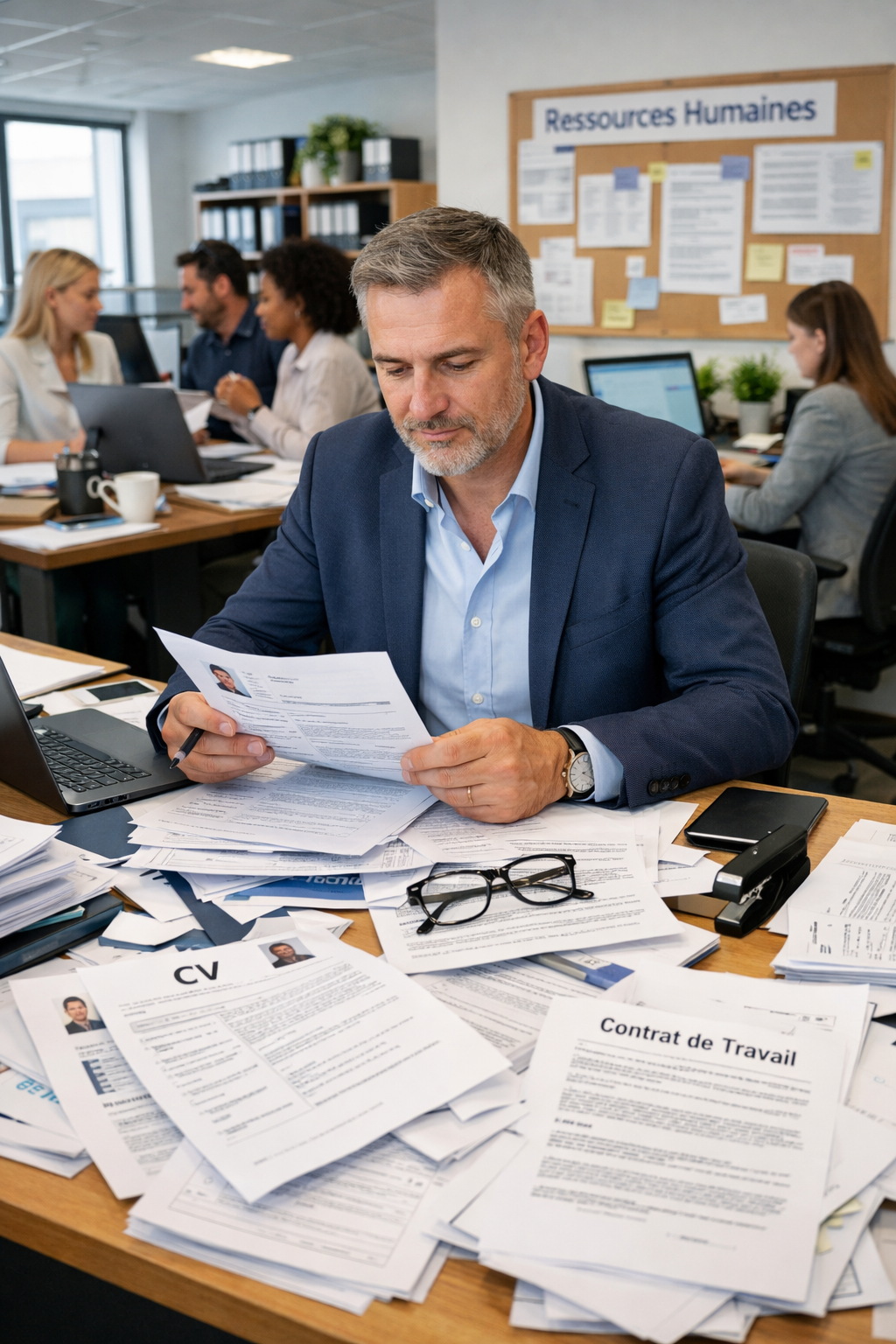Open space RH – Sécurisation des données RGPD et RH : protéger les données des salariés. Open space RH, avec un DRH avec des contrats et CV en vracs sur son bureau.