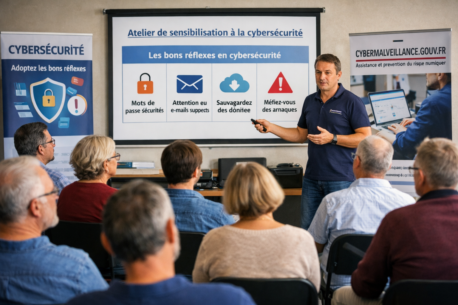 services cyber publics Groupe de sensibilisation par des services cyber publics autour d’un écran montrant des conseils de cybersécurité.