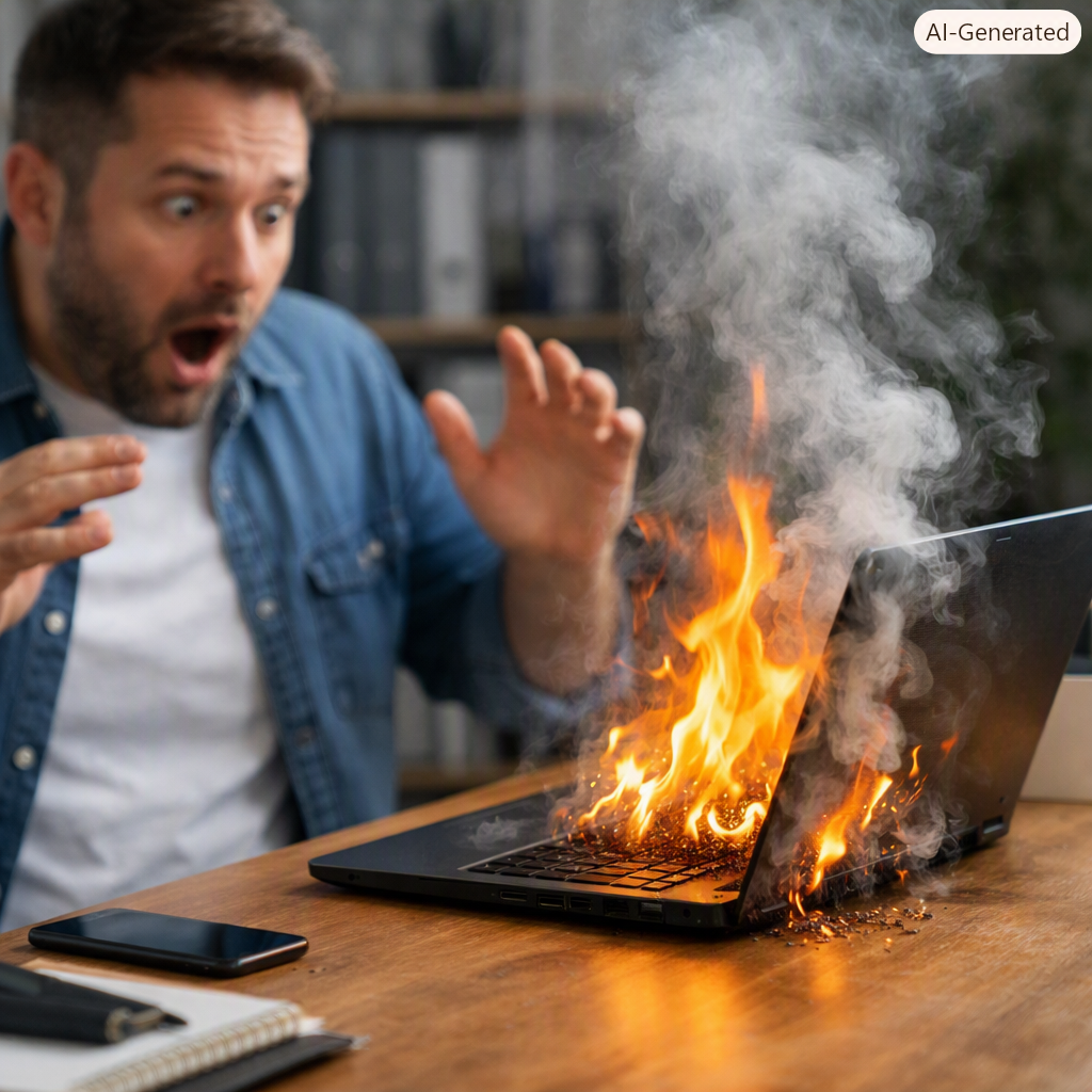 incidents-hors-cyber-perte-de-donnees incidents hors cyber et perte de données : ordinateur portable endommagé par une surchauffe ; symbole d’incendie et de perte de données.