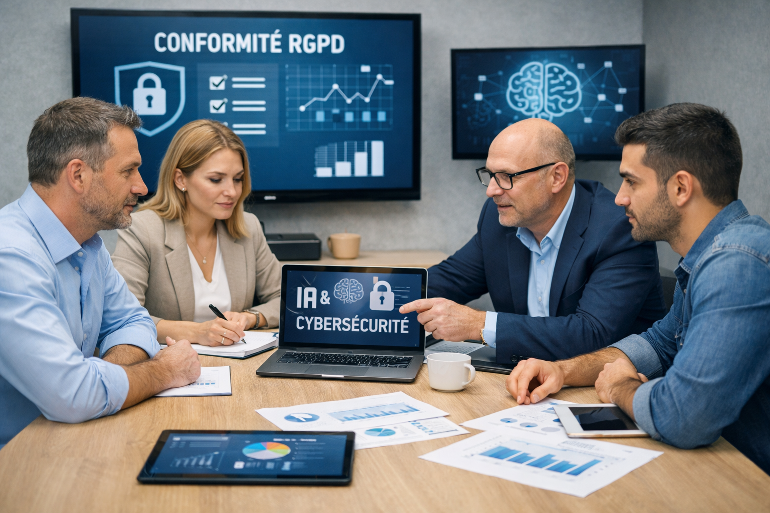 Réunion PME : RGPD, IA et cybersécurité Équipe de PME en réunion travaillant sur conformité RGPD, gouvernance IA et mesures de cybersécurité.