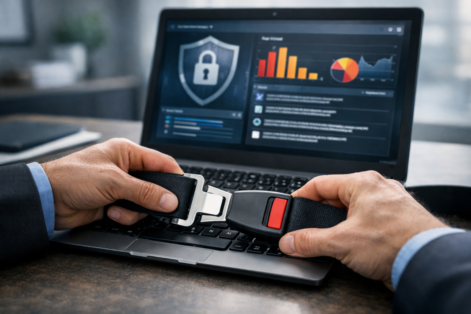 Main consultant bouclant une ceinture sur un clavier pour symboliser que la cybersécurité protège votre PME au quotidien.