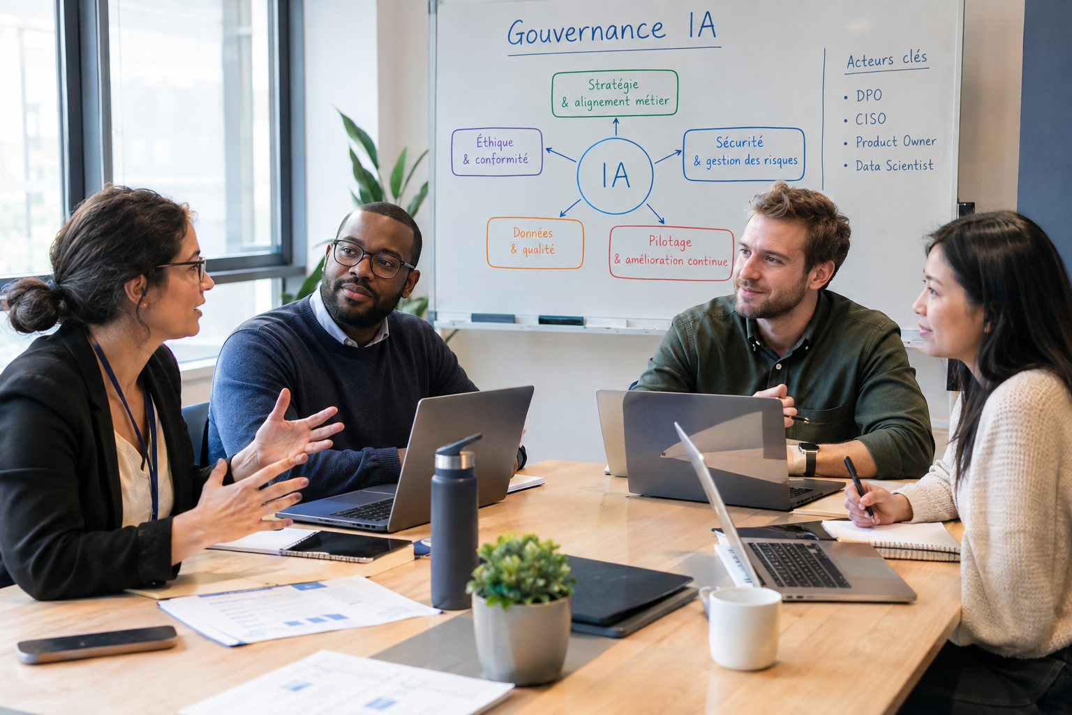 Équipe pluridisciplinaire en réunion pour gouvernance IA — DPO CISO Product Owner Data Scientist discutent mise en production de modèle IA — DMOuvrard