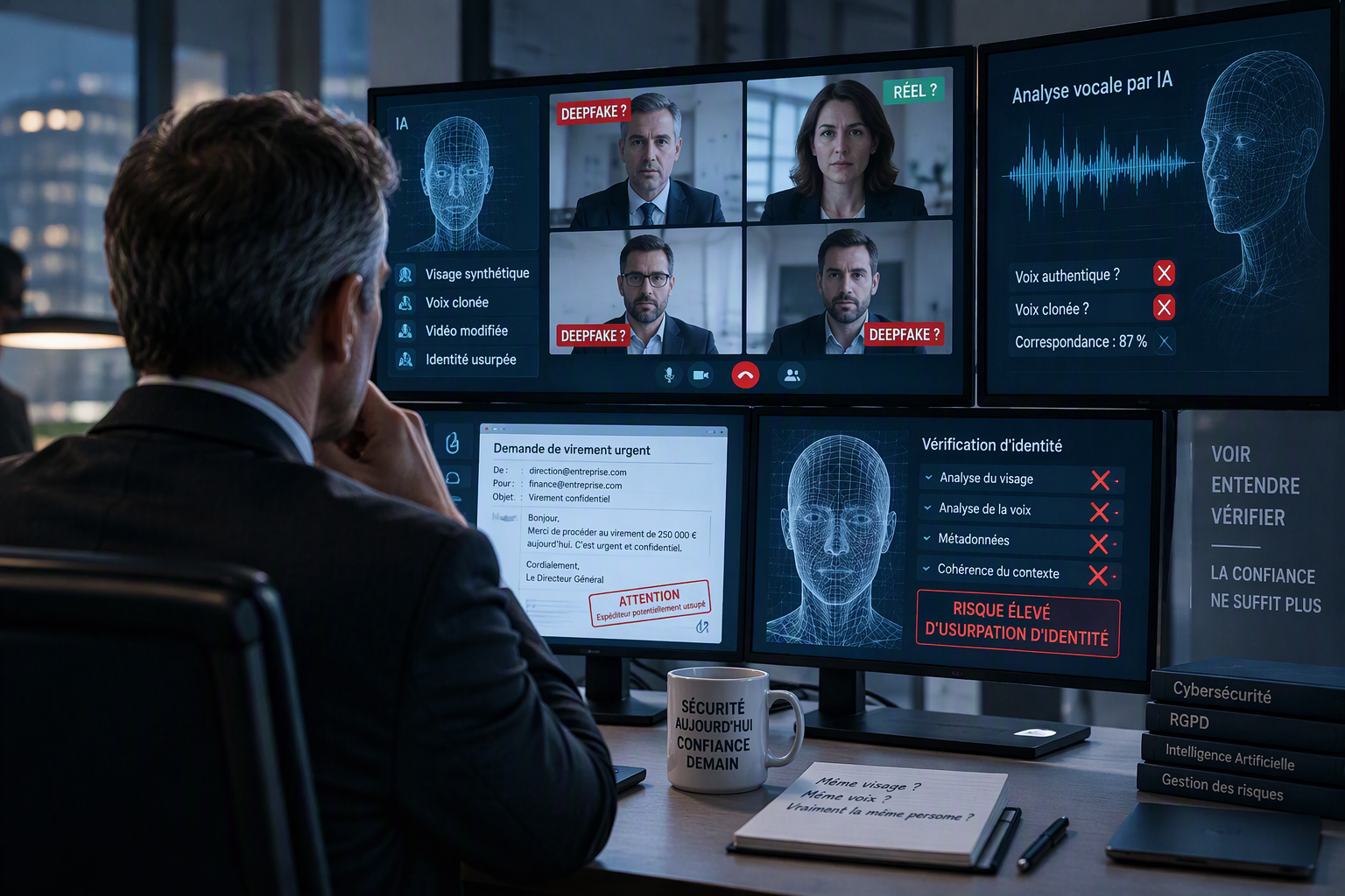Confiance numérique à l'ère des deepfakes Silhouette numérique face à plusieurs écrans affichant des visages et des ondes vocales générés par intelligence artificielle, pour refléter la confiance numérique à l'ère des deepfakes.